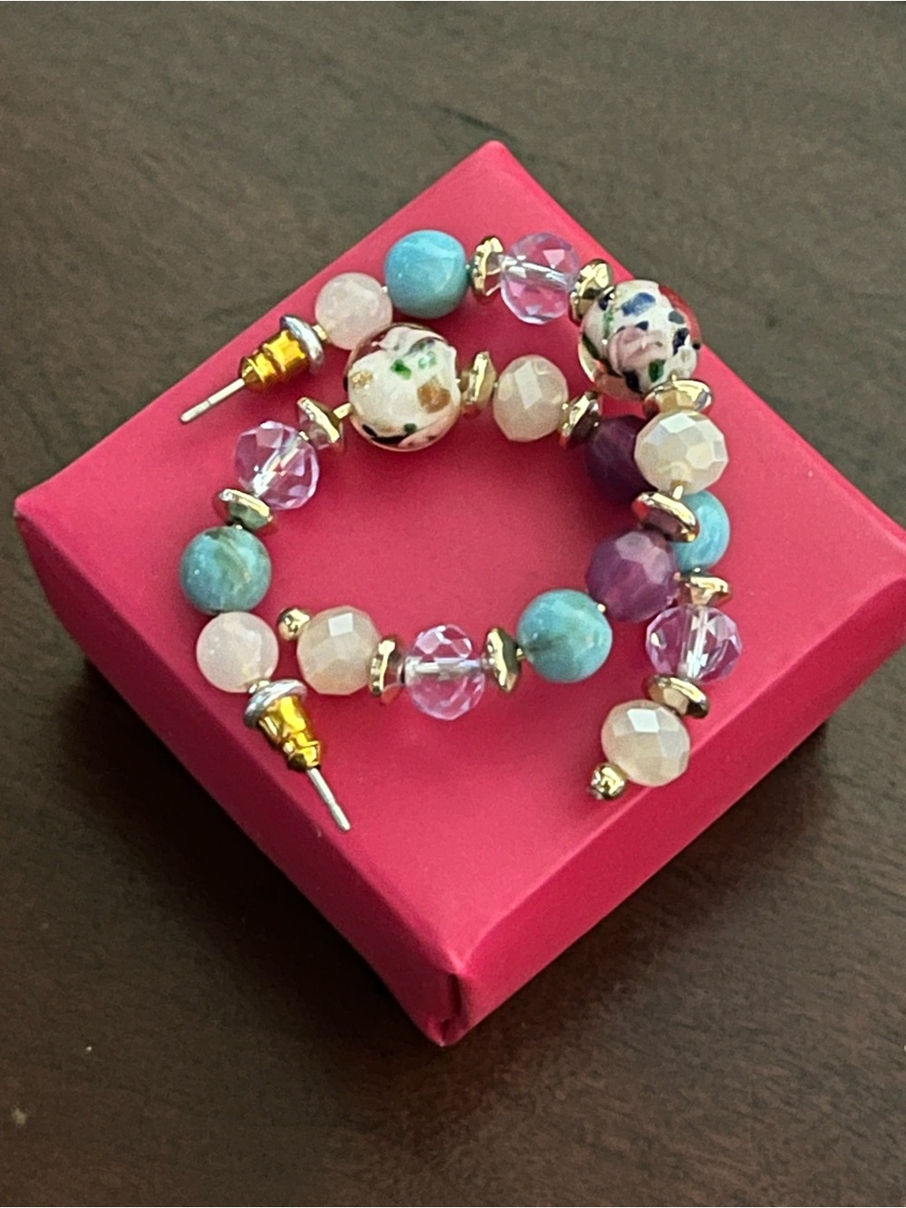 Avon Multicolor Beaded Hoop Earrings - Pink, Turquoise & White NWOT